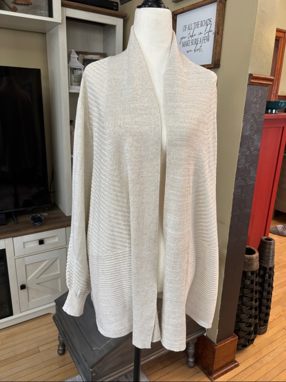 🆕 Liz Claiborne Cream with Gold flecks, Open-Front Knit Cardigan, Size 1X